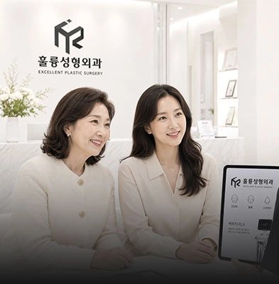 훌륭성형외과 로고 벽 앞 안내 데스크와 여성 2명(태블릿 상담)